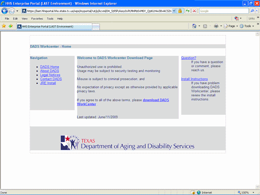 Screenshot of DADS Workcenter Home Page